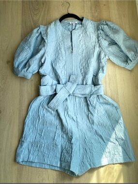 Current Air Light Blue Textured Short Romper with Belt